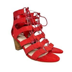 Marc Fisher Red Leather "Paradox" Lace-Up Caged Heeled Sandals, 3" Heel, Size 8M